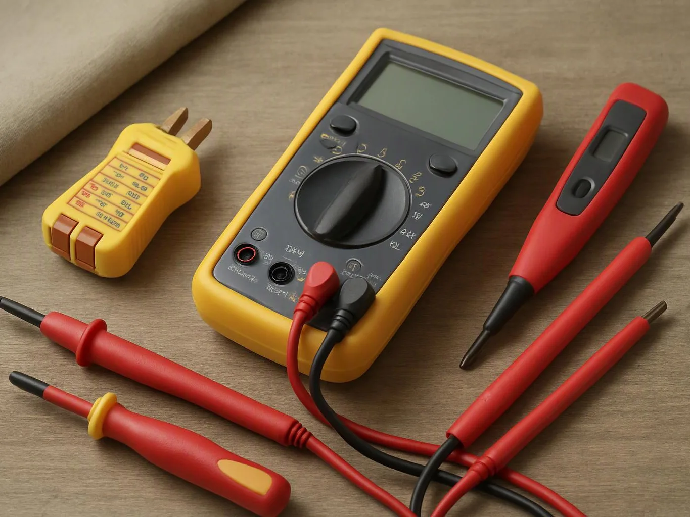 A yellow digital multimeter sits with red and black test probes and a small plug adapter on a wooden surface